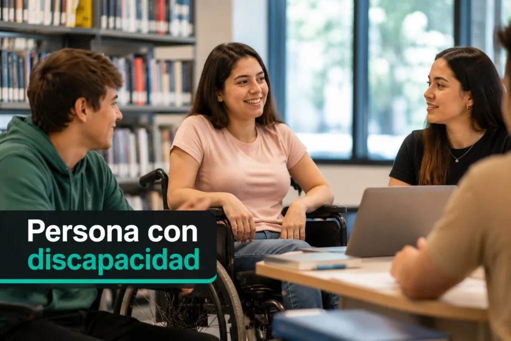Joven con discapacidad física conversa con compañeros dentro de un entorno educativo inclusivo mientras aparece el texto Persona con discapacidad.