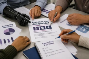 Manos diversas revisando documentos electorales con enfoque en derechos políticos de personas con discapacidad