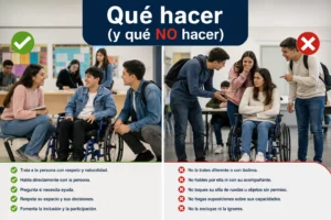 Escena educativa comparativa muestra conductas correctas e incorrectas al interactuar con una persona con discapacidad en la escuela.