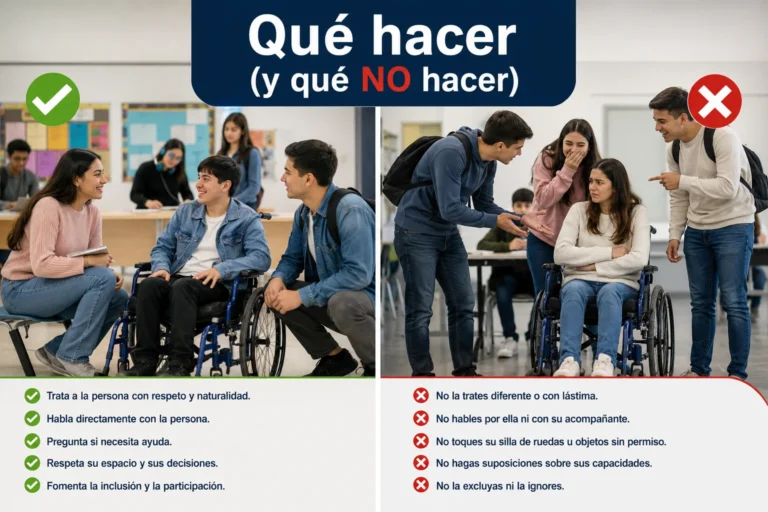 Escena educativa comparativa muestra conductas correctas e incorrectas al interactuar con una persona con discapacidad en la escuela.