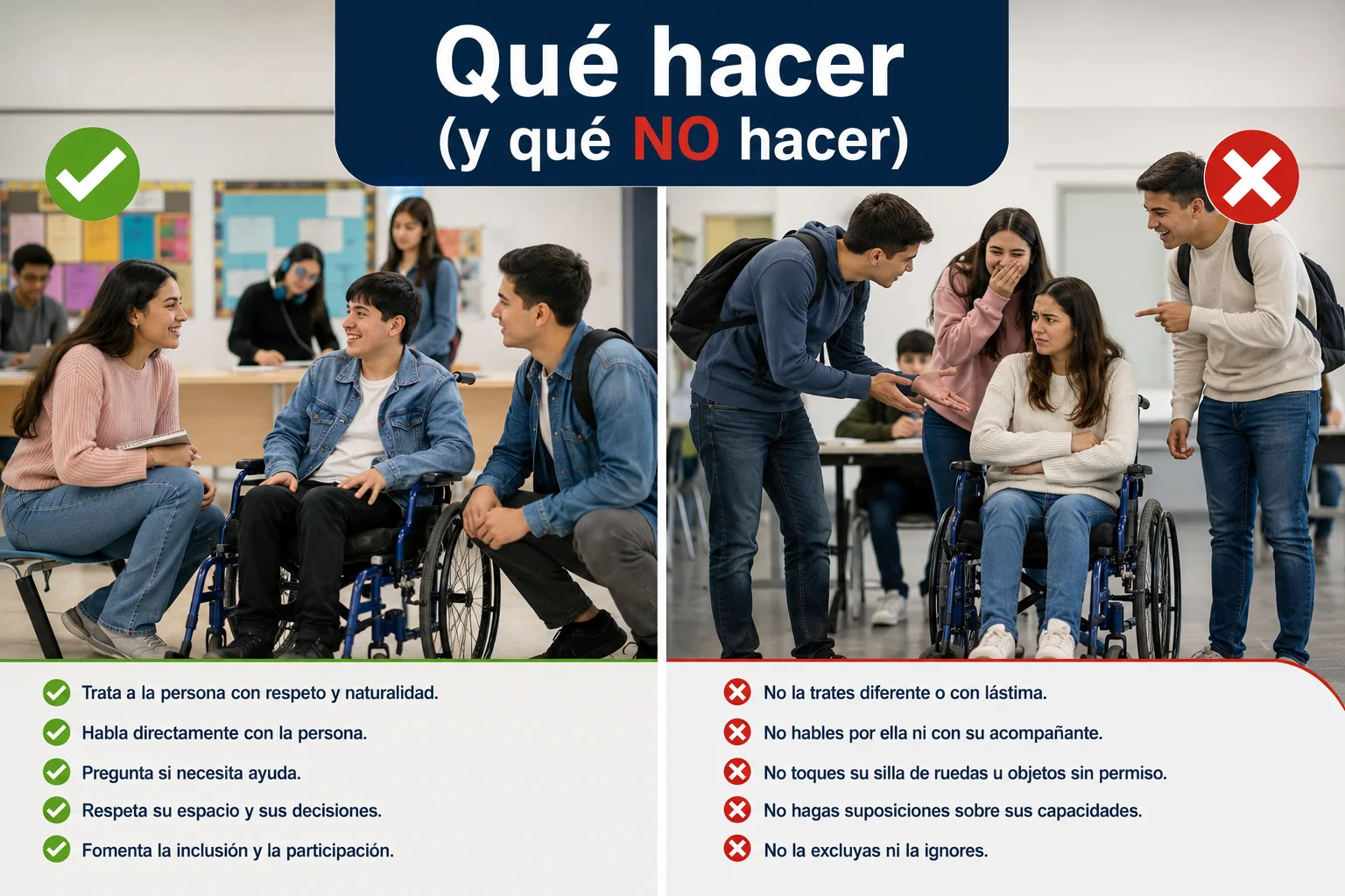 Escena educativa comparativa muestra conductas correctas e incorrectas al interactuar con una persona con discapacidad en la escuela.