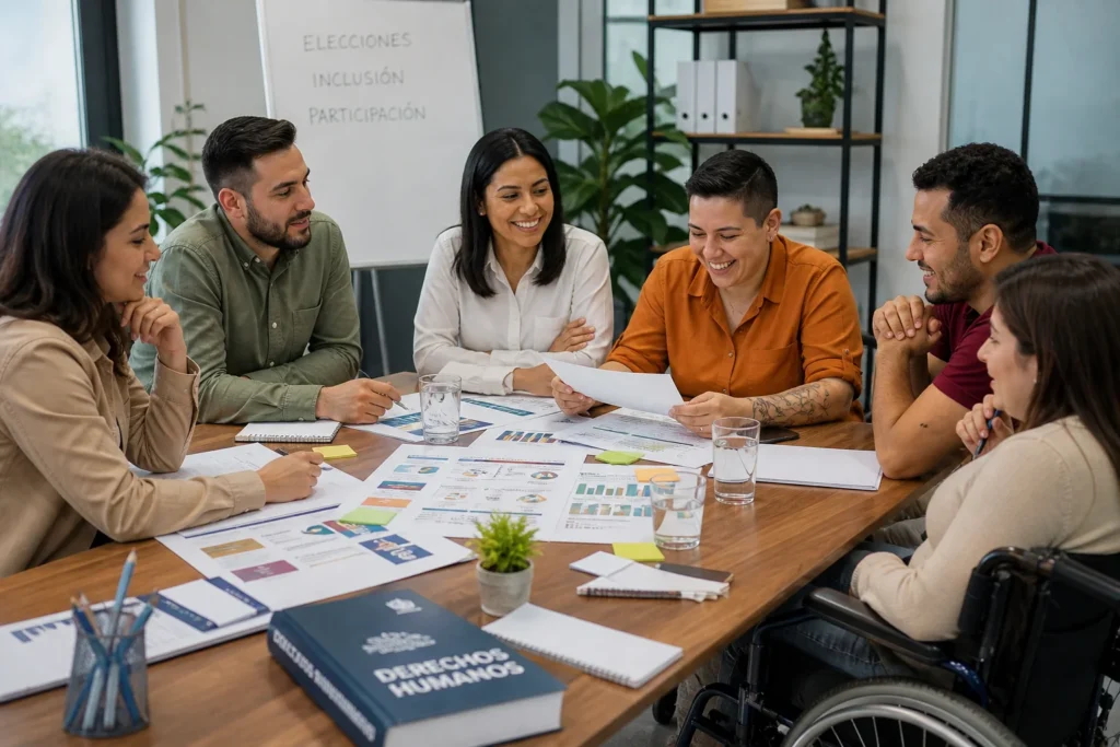 Personas con discapacidad. Guía 2026: 7 errores que están rompiendo la inclusión electoral en México 2 Personas diversas colaborando en mesa de trabajo con documentos sobre elecciones e inclusión, incluyendo persona con discapacidad
